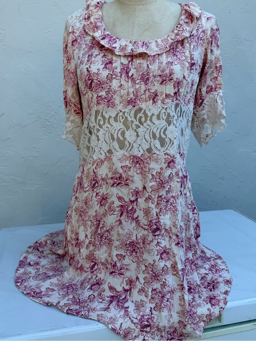 Free People Cottage Core Pink and cream Floral Lace dress